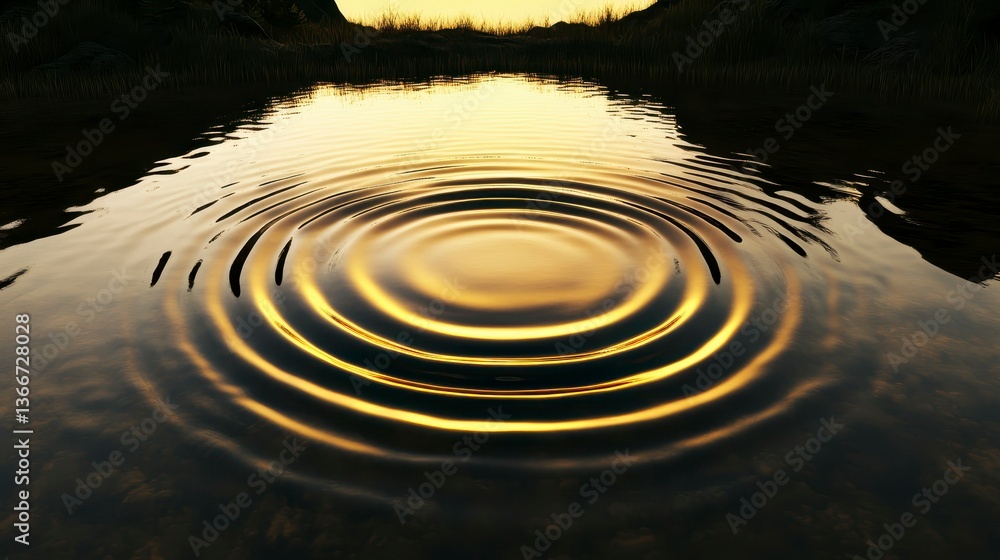 Poster rippling water surface at sunset, creating mesmerizing circular patterns and reflecting warm golden 