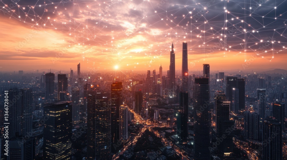 Poster a smart city infrastructure with interconnected electrical grids and networks.