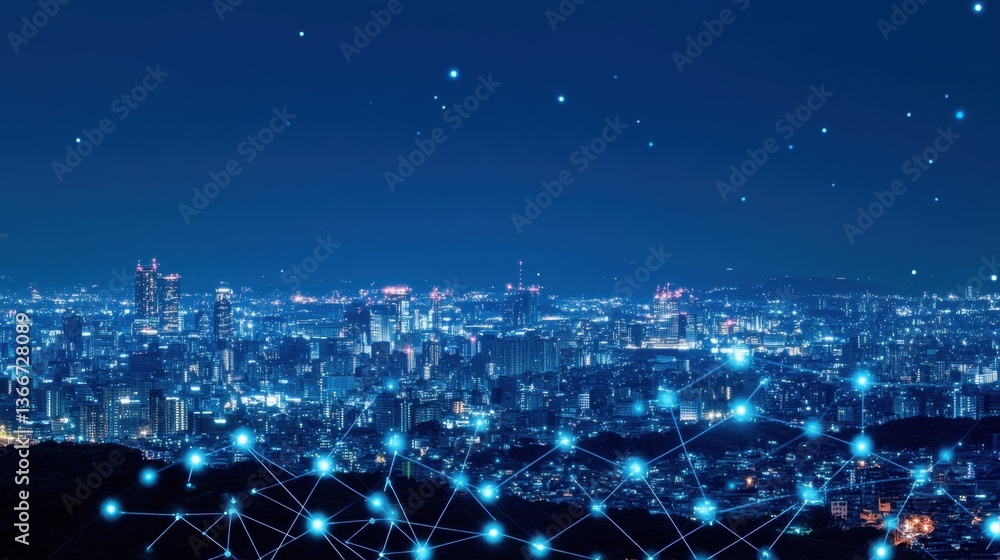 Poster a smart city infrastructure with interconnected electrical grids and networks.