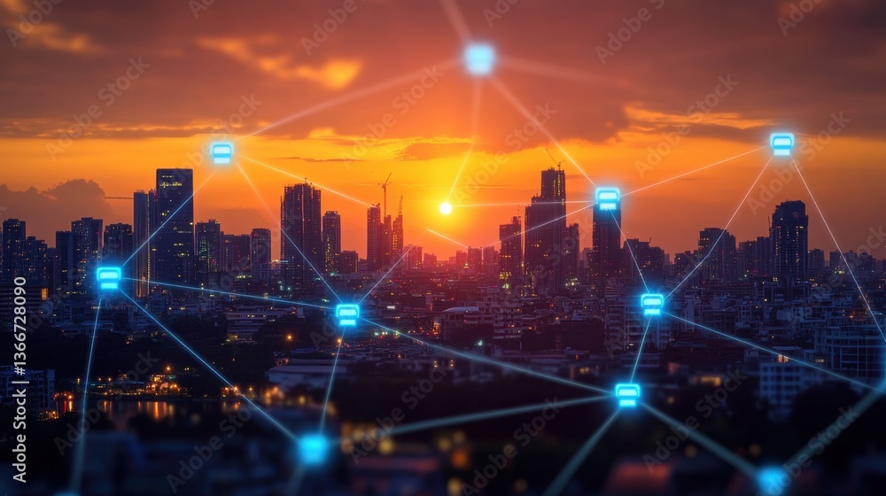Aufkleber a smart city infrastructure with interconnected electrical grids and networks.