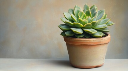 Succulent in terracotta pot against a neutral background.
