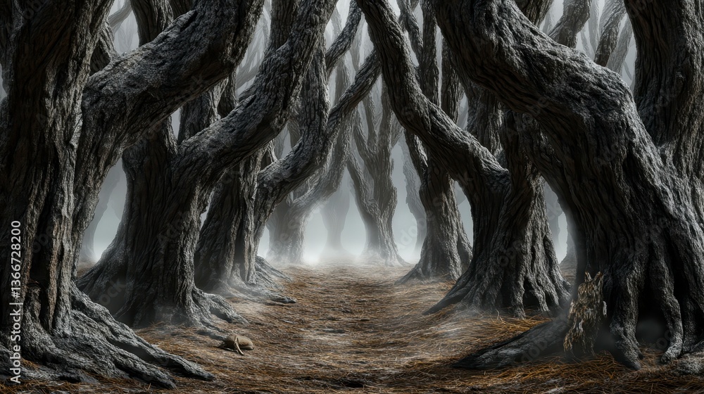 Poster mysterious forest path winding through ancient twisted trees enveloped in fog and shadows, creating 