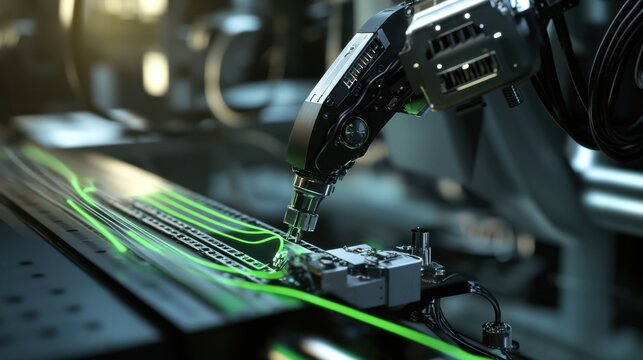 An AI controlled robotic arm repairing a fiber optic network, delicate cable splicing with microscopic precision, Telecommunications style