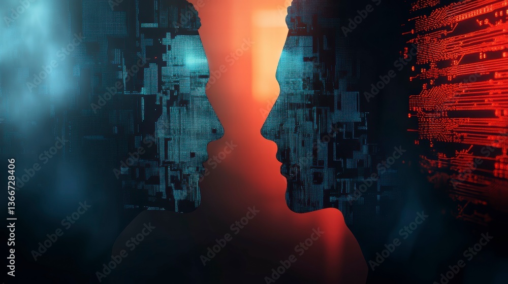 Poster futuristic digital representation of human faces merging with technology, highlighting the intersect
