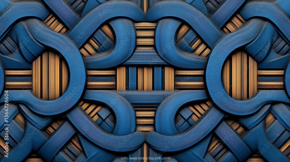 Poster intricately woven abstract design featuring interlocking patterns in blue and gold hues to enhance v
