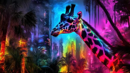 Fototapeta premium A vibrant giraffe standing amidst a colorful urban jungle, blending nature and city life in a stunning nightlife scene