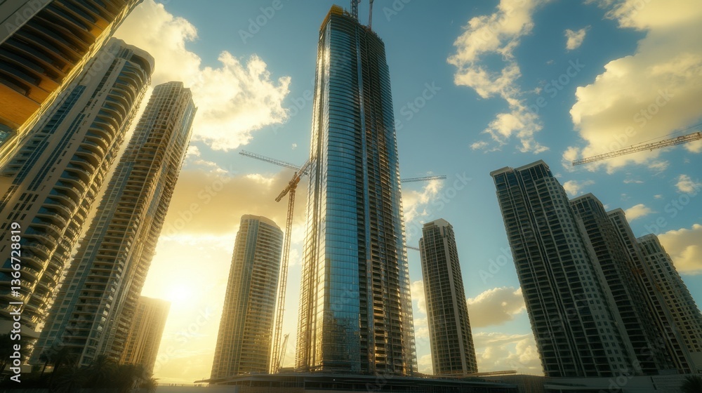 Poster a time-lapse shot of a massive skyscraper being built in an urban setting.