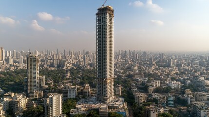 Fototapeta premium A time-lapse shot of a massive skyscraper being built in an urban setting.