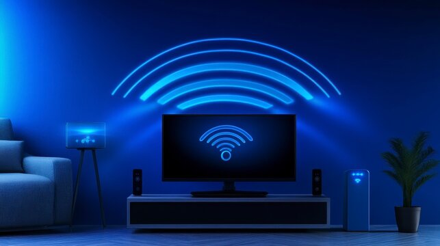 Modern living room setup featuring a television, wireless signal display, and stylish decor in a blue ambiance for tech enthusiasts