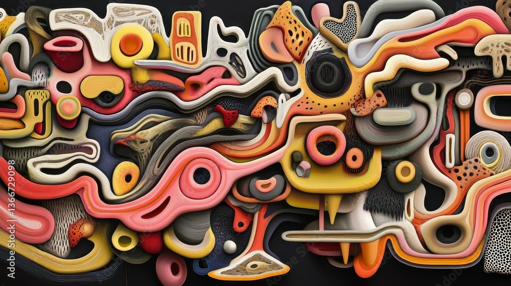 Poster an abstract composition of vibrant colors and organic shapes flowing together in a dynamic and intri