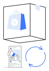 Shopping bag with discount icon, digital ad with megaphone, and circular arrows representing e-commerce, advertising, marketing, growth, communication, recycling retail sustainability. Flat simple