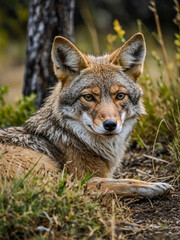Close-up of a coyote resting, blending into its natural environment