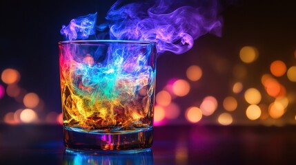 A vibrant chemical reaction creating smoke and glowing effects in glassware.