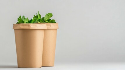 Stylish biodegradable cups filled with fresh green herbs against a minimalist gray background