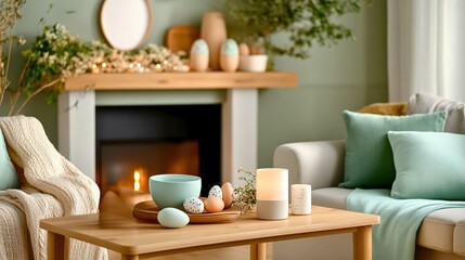 A cozy living room with a fireplace, a wooden coffee table, and a couch