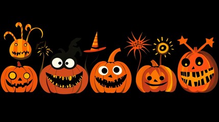 A vibrant and playful collection of cartoon-style Halloween pumpkins and spooky characters celebrating the festive spirit