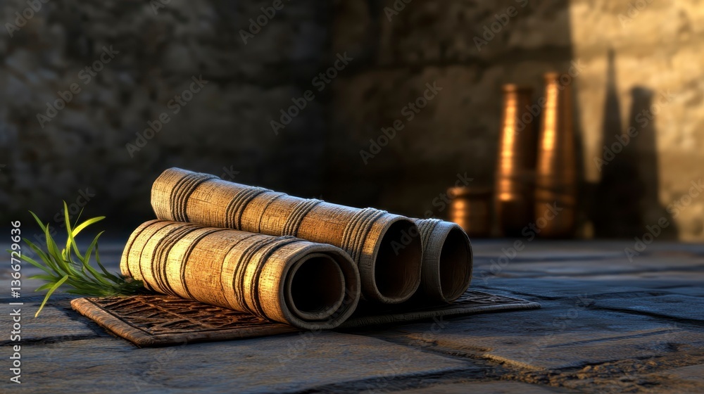 Poster rustic wooden scrolls resting on an ancient mat, surrounded by soft lighting that highlights the tex