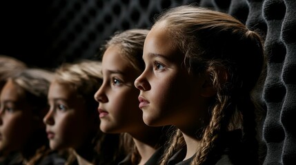 Fototapeta premium Four young girls with braided hair showcase thoughtful expressions while posing in a uniquely textured soundproof room.