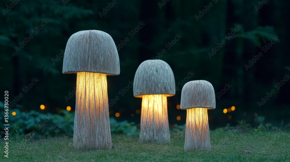 Poster illuminated mushroom-shaped lamps creating a magical atmosphere in a forest setting at dusk