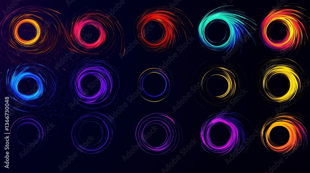 Poster colorful digital swirls and circles in vibrant hues with a dark background creating an ethereal visu