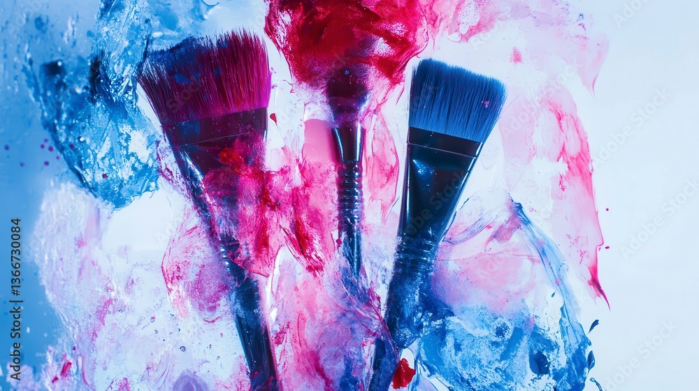 Poster vibrant paintbrushes submerged in colorful splashes of paint and water, capturing creativity and art