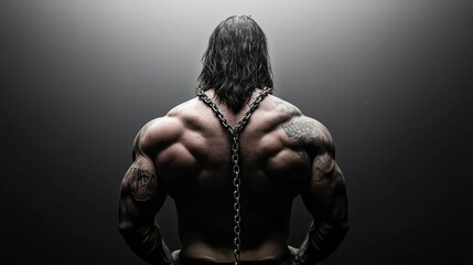 Powerful muscular man with long hair standing defiantly, showcasing impressive physique against a dramatic background