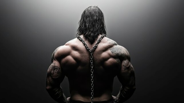 Powerful muscular man with long hair standing defiantly, showcasing impressive physique against a dramatic background