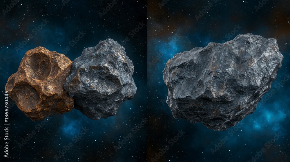 Aufkleber two distinct asteroids floating in outer space against a cosmic background showcasing unique texture