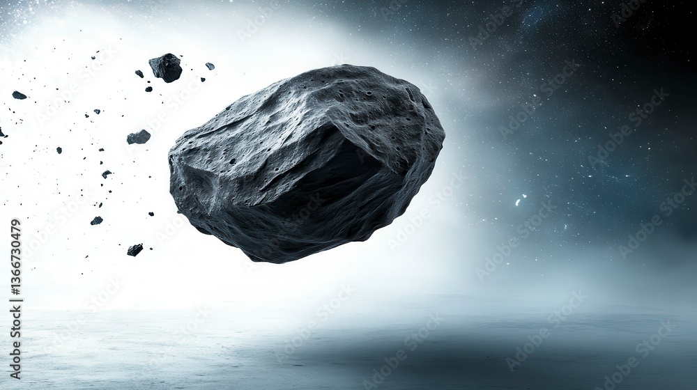 Poster a gigantic asteroid floating serenely through the dark void of space surrounded by smaller debris an
