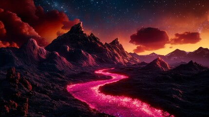 A surreal landscape featuring a luminous pink river winding through dramatic alien mountains under a starry sky