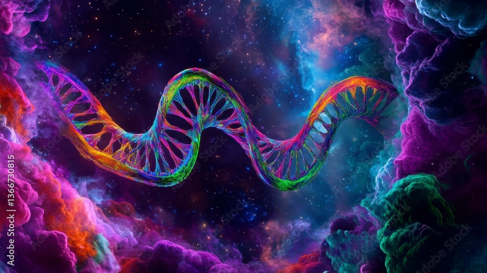 Poster a vibrant and colorful representation of a dna strand weaving through a cosmic, ethereal space backd