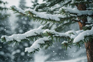 Fototapeta premium Whimsical Winter Landscape with Snow Flurries on Spruce Tree Limbs for a Holiday Celebration