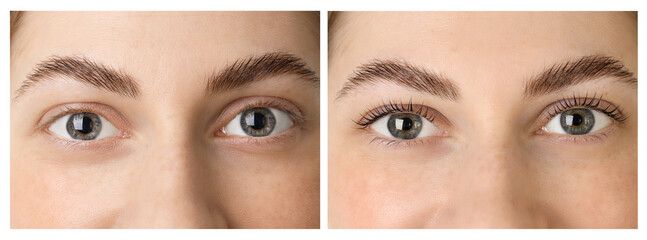 Woman showing her eyelashes before and after lamination procedure, closeup. Collage of photos