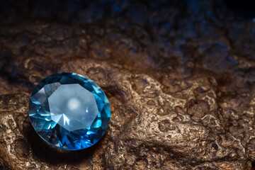 Beautiful shiny light blue gemstone on rock, closeup. Space for text
