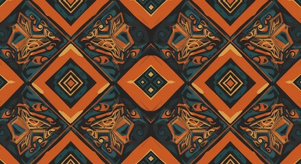 Abstract Geometric Pattern with Tribal Elements in Orange and Teal