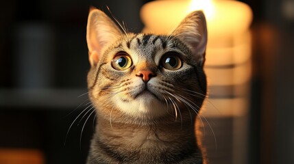 Curious Tabby Cat Staring with Big Eyes Near a Soft Light Source