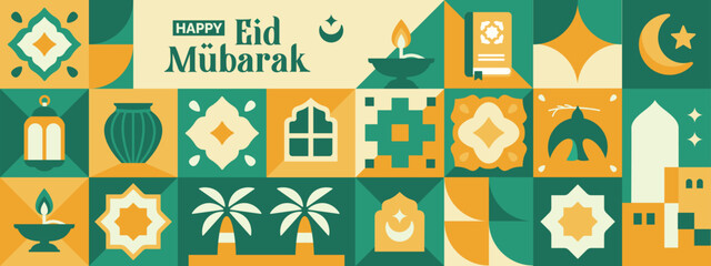 abstract geometric pattern of eid al fitr, ramadan kareem with arabic city landscape and various green colored islamic icons and symbols	