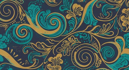 Swirling Floral Pattern with Gold and Teal Accents on Dark Background