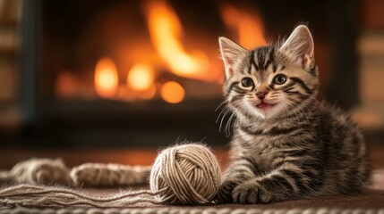 Obraz premium Adorable tabby kitten by a warm fireplace.