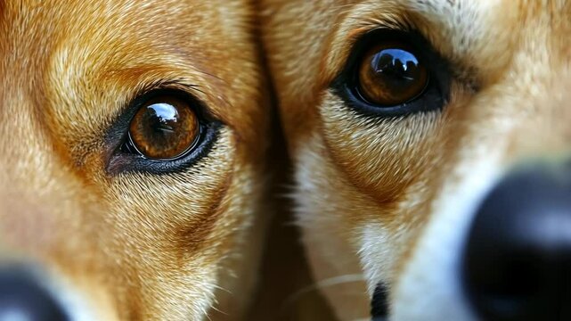 Two corgis with expressive eyes looking closely at the camera in a warm, inviting setting during afternoon light