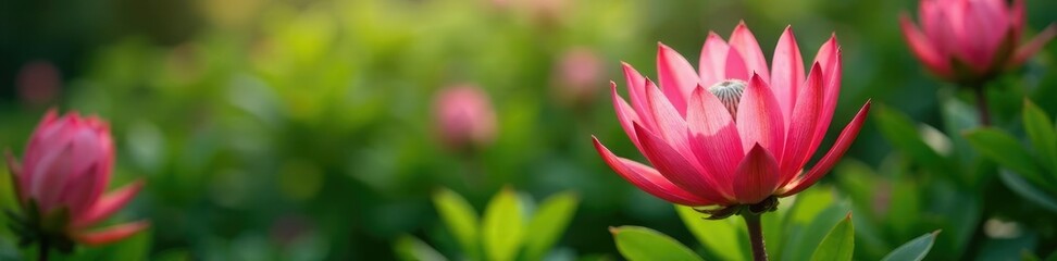 Obraz premium Bright pink protea flower blooms in a lush garden, garden, flowers