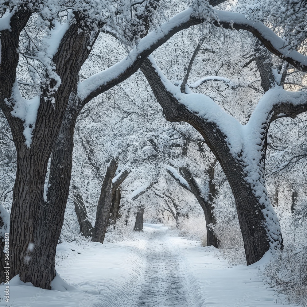 Poster snowy path through tree archway in winter.