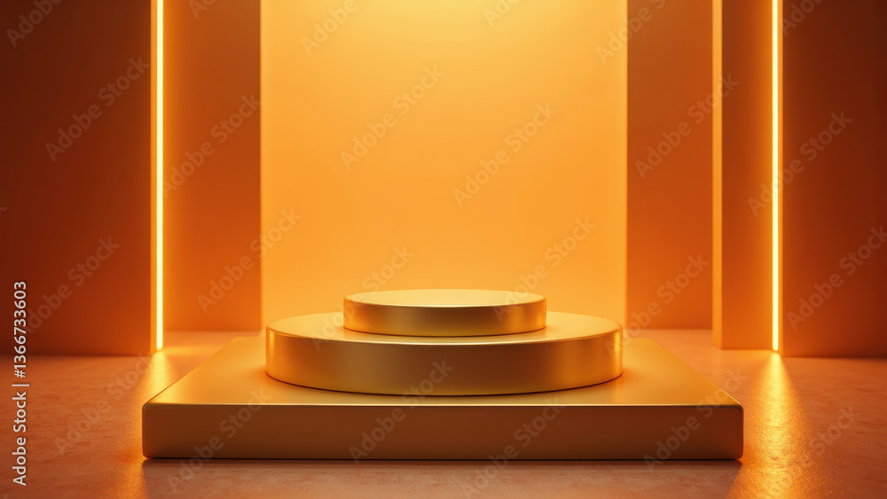 Poster modern display podium with layered circular platforms, illuminated by warm orange lighting, creating