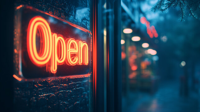 Close-up of a neon 'Open' sign mounted on a brick wall, glowing with red and blue lights. The background is blurred, with city buildings and trees in the distance, creating a dark, mysterious atmosphe