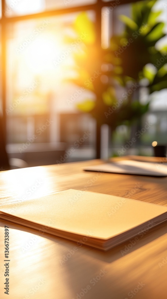 Poster a warm, sunlit workspace featuring a desk with papers and a plant, creating a serene atmosphere for 