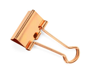 Golden binder clip isolated on white, top view