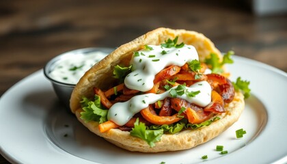 Grilled Meat Sandwich with Creamy Sauce and Greens on White Dish