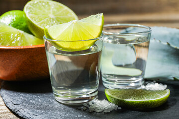 Tequila shots with lime slices, salt and agave leaves on table, closeup