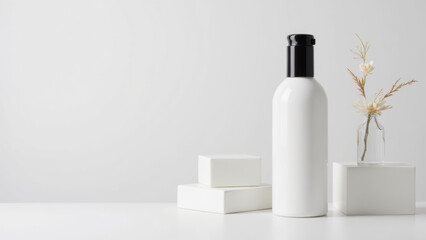 Minimalist white bottle with black cap beside white boxes and small vase with flowers, creating serene atmosphere