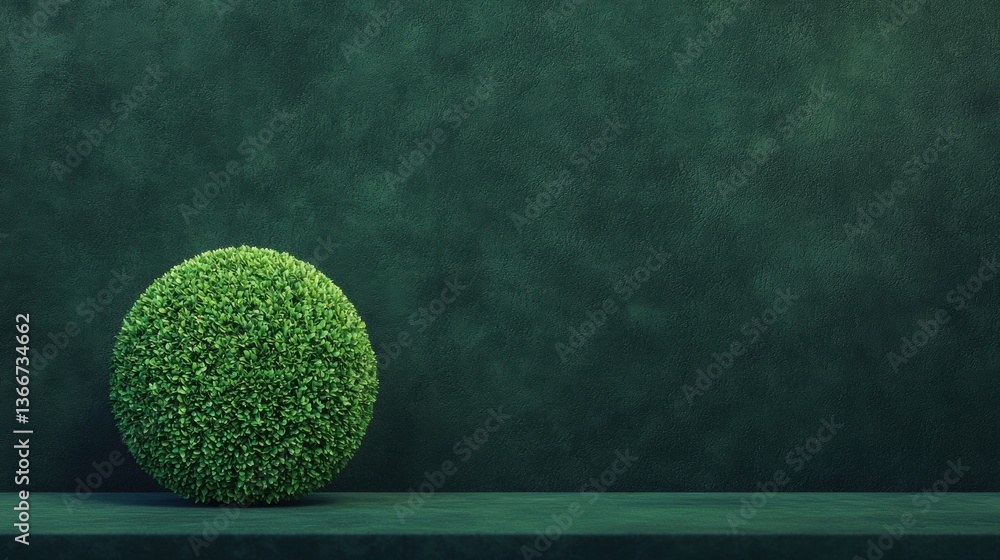 Poster a green, spherical shrub rests on a simple dark surface against a textured green background, creatin